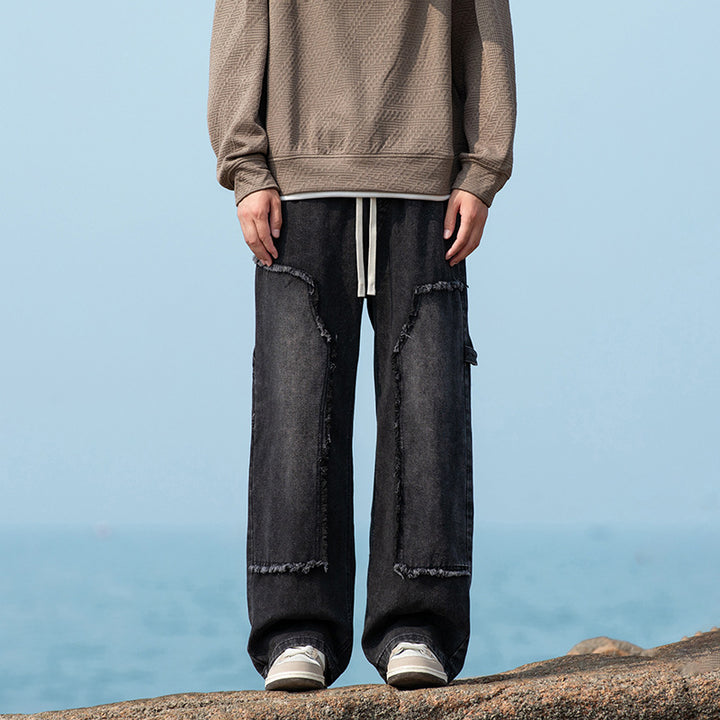 Herren Weite Denim-Cargohose mit Fransen-Patchtaschen und Tunnelzugbund Drune
