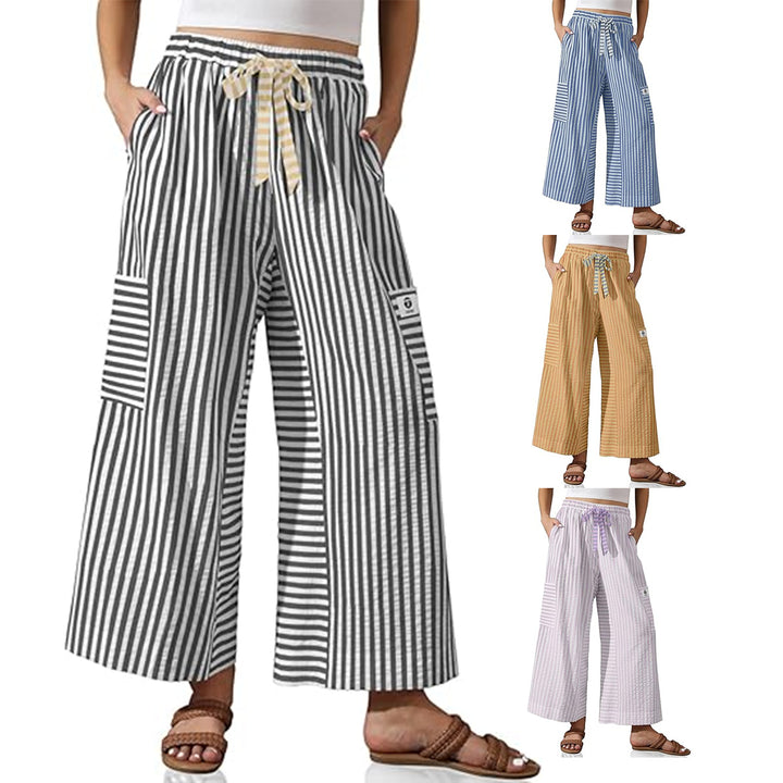 Damen weite Palazzo-Hose mit gestreiftem Muster und praktischen Taschen Drune
