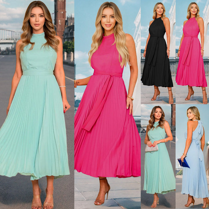 Damen Plissee Maxikleid mit elegantem Rundhalsausschnitt und fließendem Fall Drune