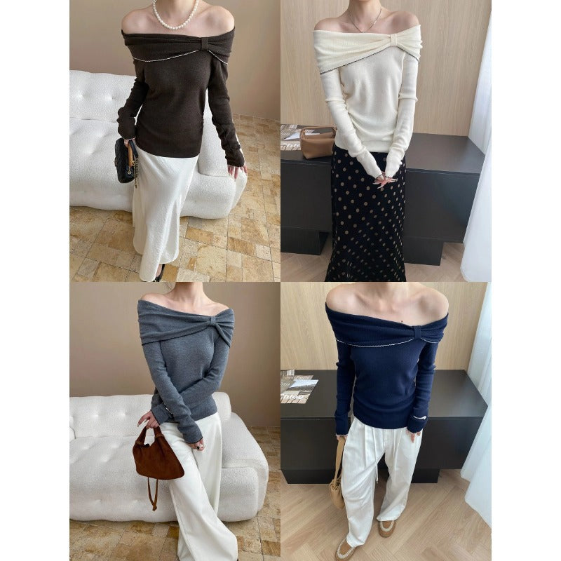 Damen eleganter off-shoulder Pullover mit Raffung und langen Ärmeln Drune