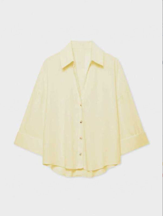 Damen Leichte Oversize Leinenoptik Bluse mit Dreiviertelärmeln und durchgehender Knopfleiste Drune
