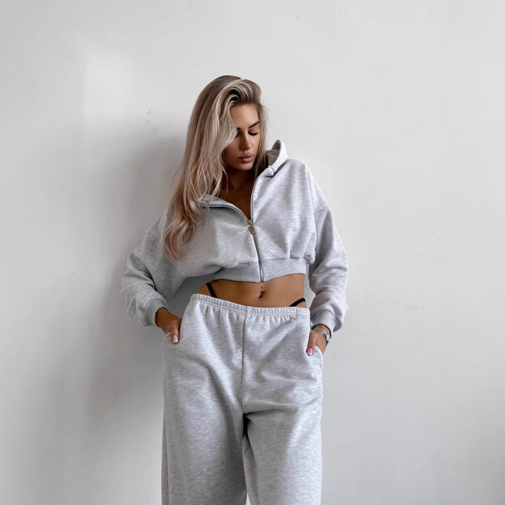 Damen kurzes Zip-Hoodie-Lounge-Set mit taillenhoher Relax-Sweathose Drune