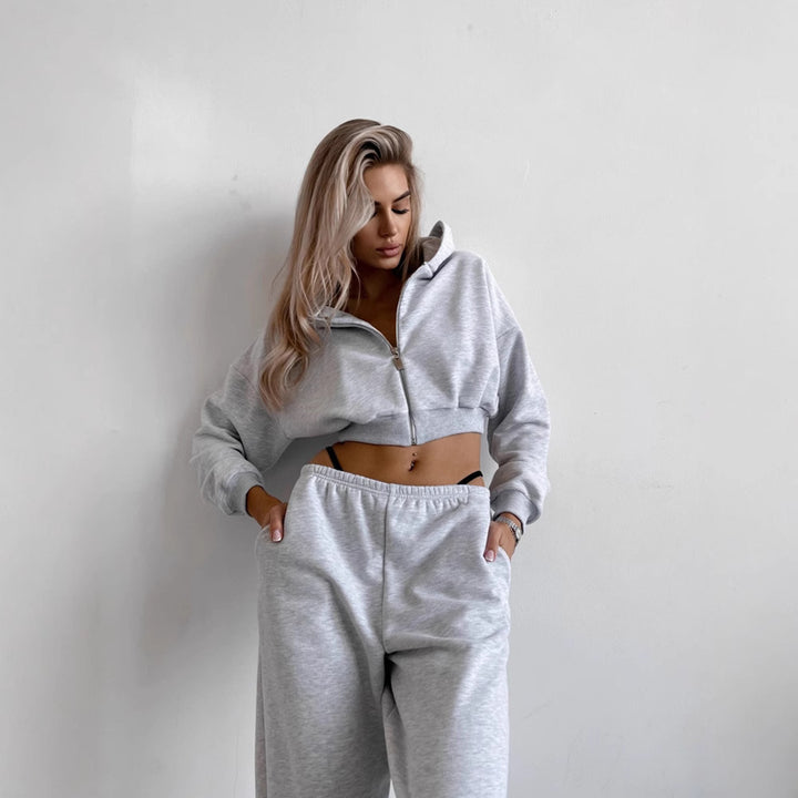 Damen kurzes Zip-Hoodie-Lounge-Set mit taillenhoher Relax-Sweathose Drune