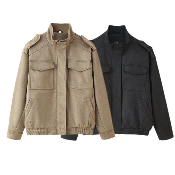 Damen Utility-Bomberjacke mit Schulterklappen, Stehkragen und aufgesetzten Pattentaschen Drune