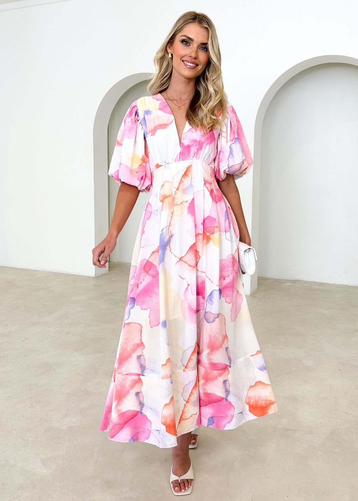 Damen Maxikleid mit voluminösen Puffärmeln und floralem Druck Drune