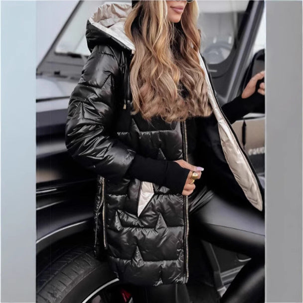 Damen Lange Steppjacke mit Kapuze und praktischen Taschen Drune