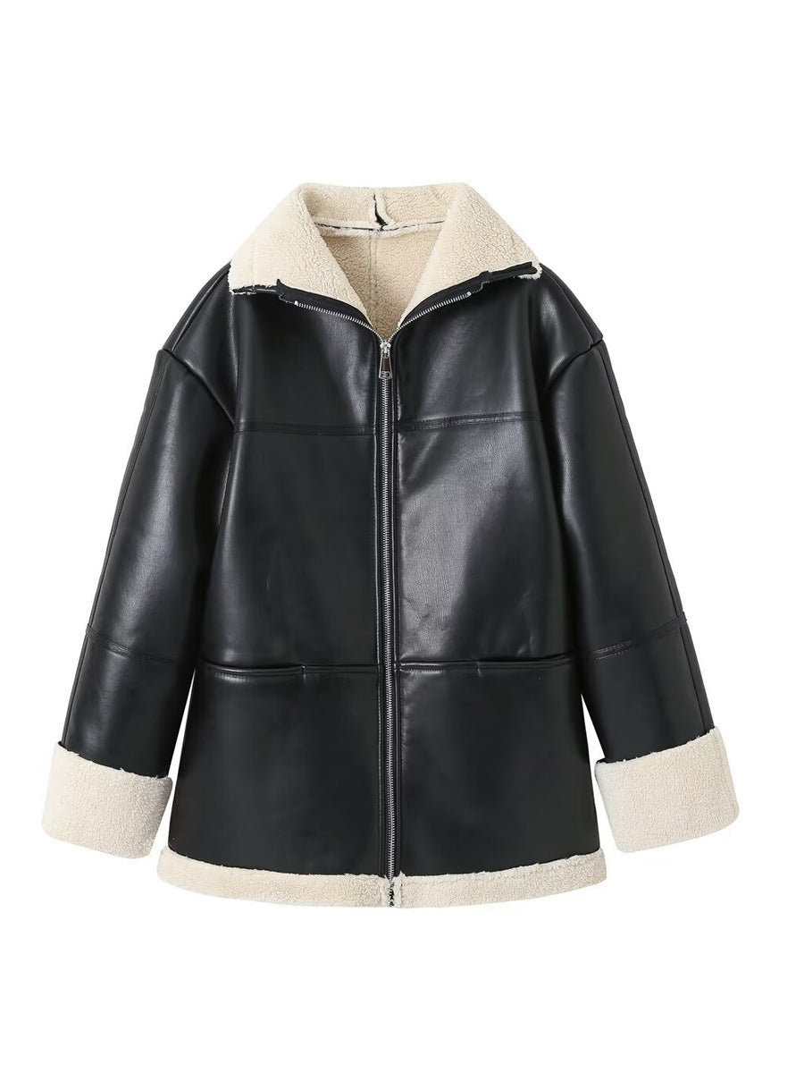 Damen Kunstlederjacke mit Teddyfutter Drune