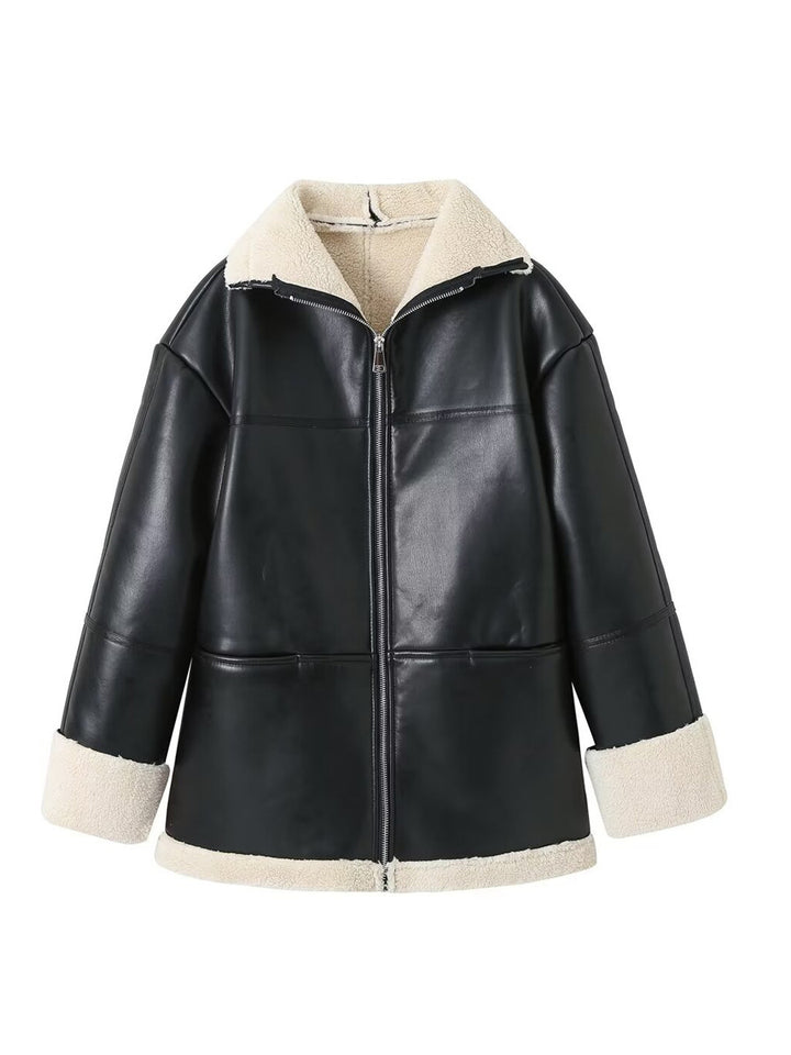 Damen Kunstlederjacke mit Teddyfutter Drune