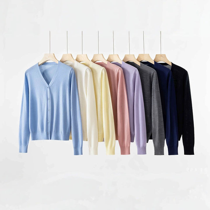 Damen Feinstrick-Cardigan mit V‑Ausschnitt, durchgehender Knopfleiste und leichtem Fall Drune