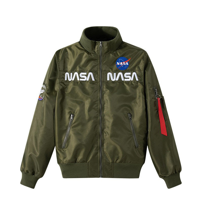 Men's  retro space-logo nylon zip bomber with angled zip pockets and utility sleeve tab Drune