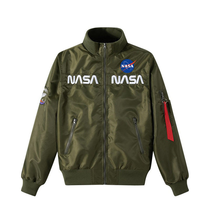 Men's  retro space-logo nylon zip bomber with angled zip pockets and utility sleeve tab Drune