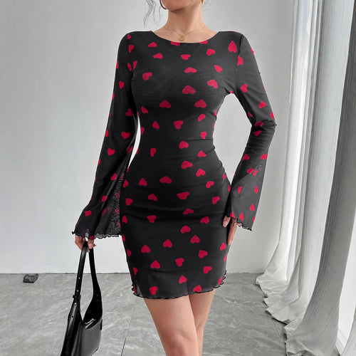 Damen nan figurbetontes Mini-Kleid aus feinem Netzstoff mit Herzmuster und Trompetenärmeln Drune