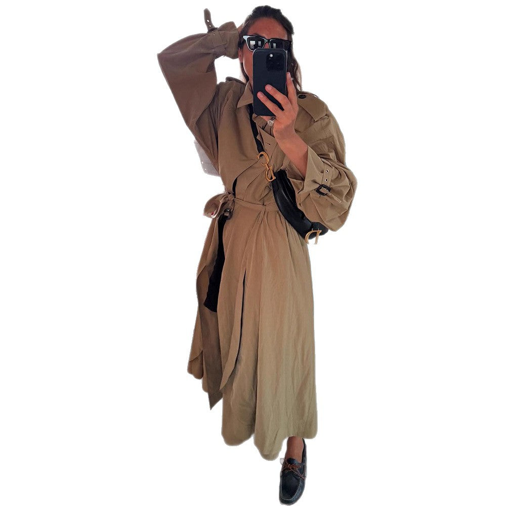 Damen Oversize-Trenchcoat mit voluminösen Ballonärmeln, Kordelzug und abnehmbarer Kapuze Drune