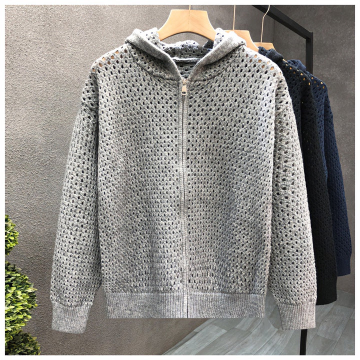 Unisex Leichte Lochstrick-Kapuzenzipjacke mit Ajourmuster Drune