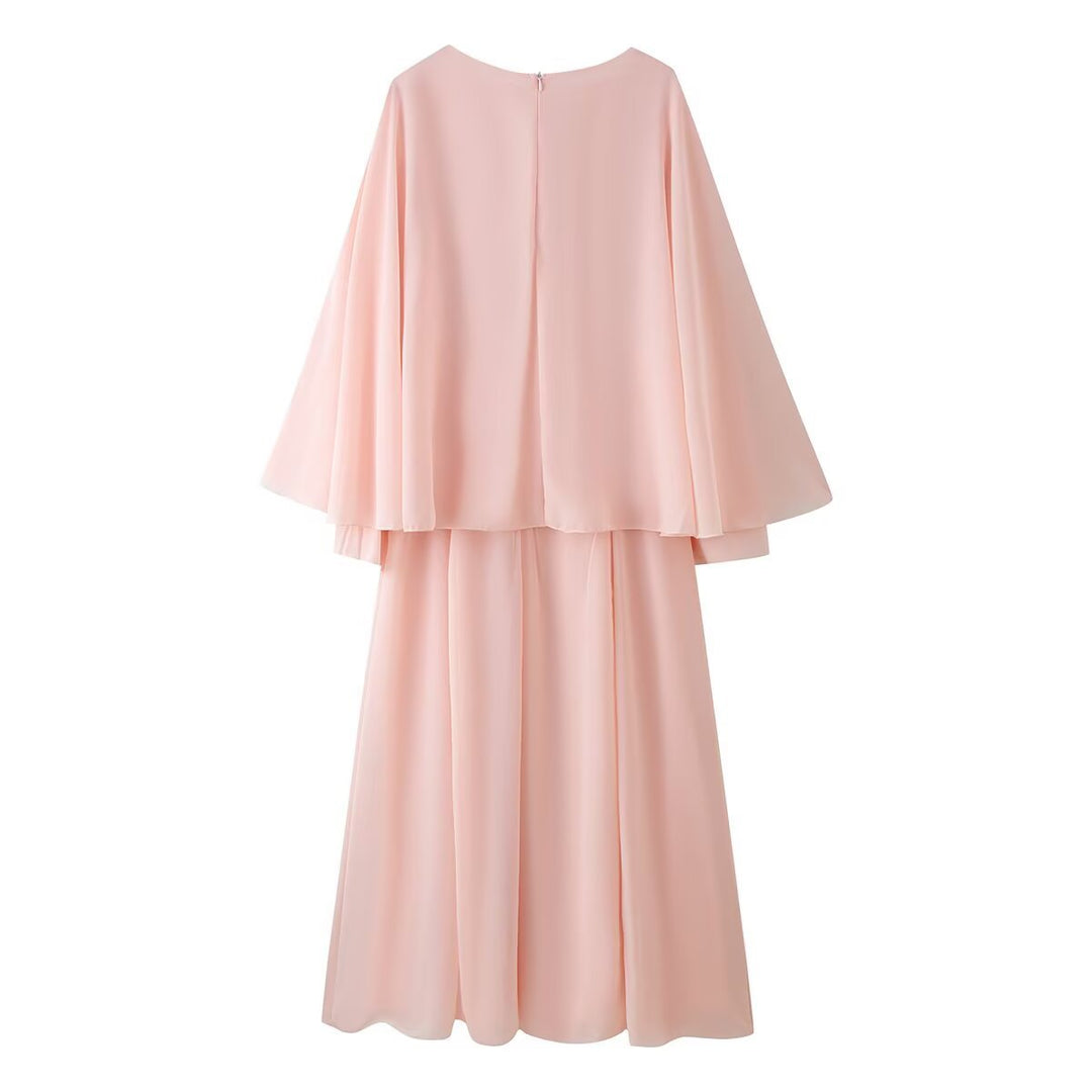 Damen Fließendes Maxikleid mit Cape-Überwurf und mehrlagigem Chiffon-Top Drune