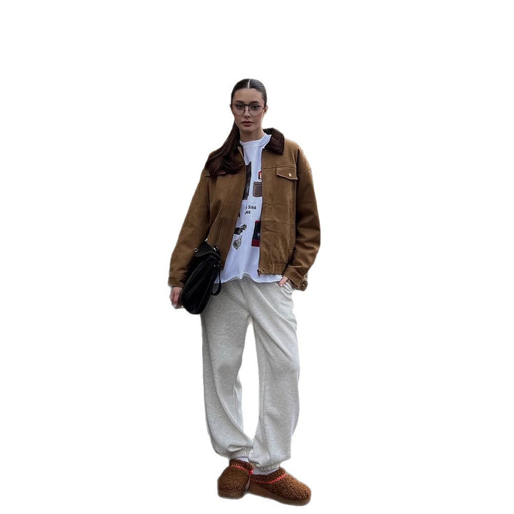 Damen Boxy-Suede-Blousonjacke mit Cordkragen und Teddyfutter Drune