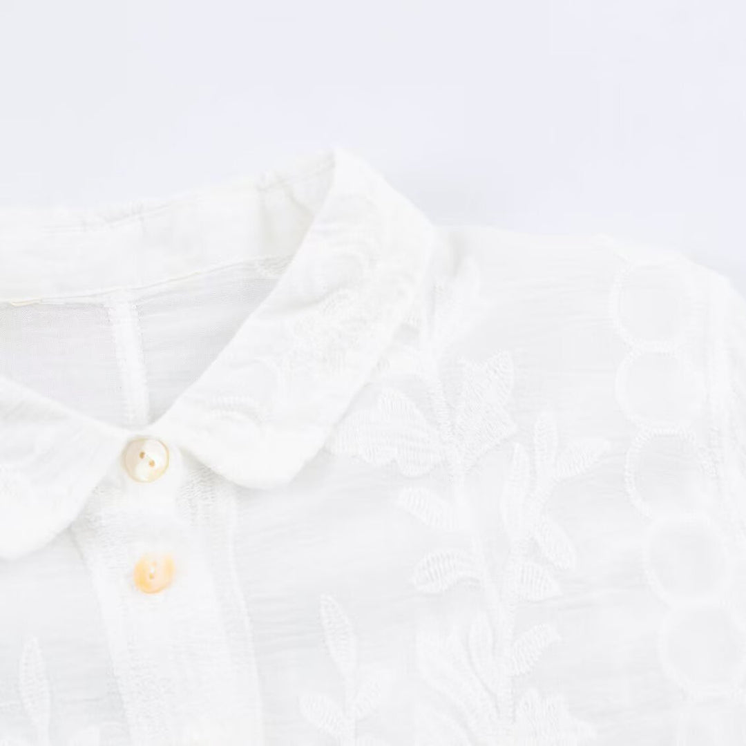 Damen Bestickte Baumwollbluse mit Lochstickerei und dreiviertelärmeln Drune