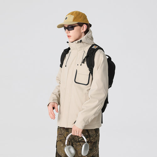 Herren Technische Funktionsjacke mit Kapuze, wasserabweisendem Softshell und Brustklappen-Tasche Drune
