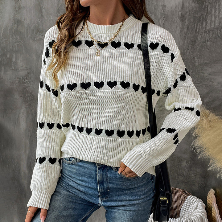 Damen Strickpullover mit Herz-Jacquard, Oversize-Rundhals & Rippbündchen Drune