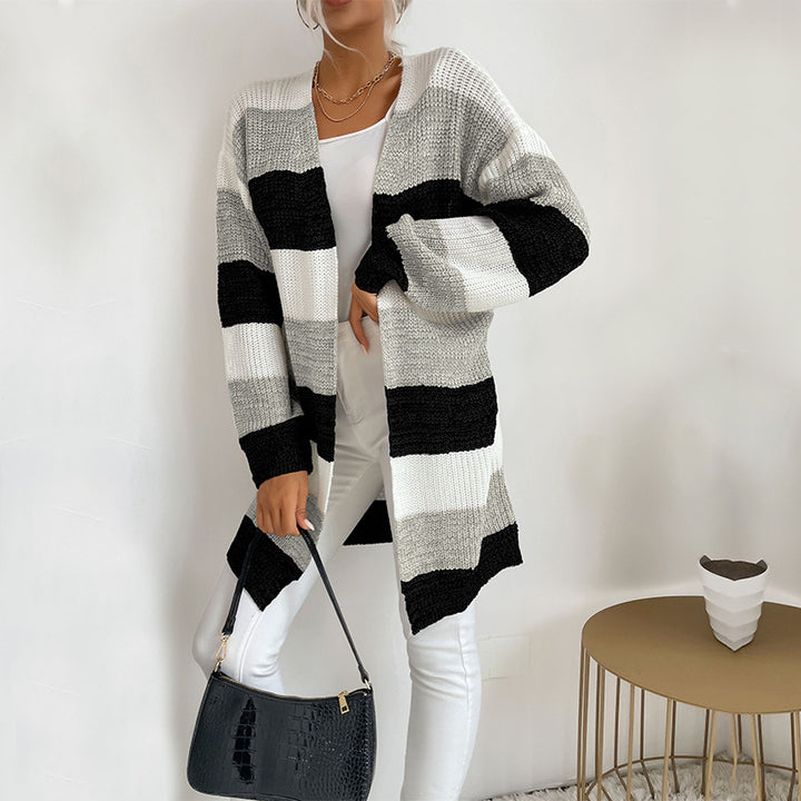 Damen Lässiger Strickmantel mit Streifen Drune