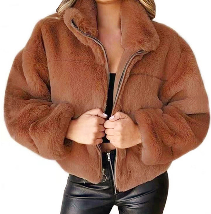 Damen nan kurze kuschelige Kunstpelzjacke mit Stehkragen und Reißverschluss Drune
