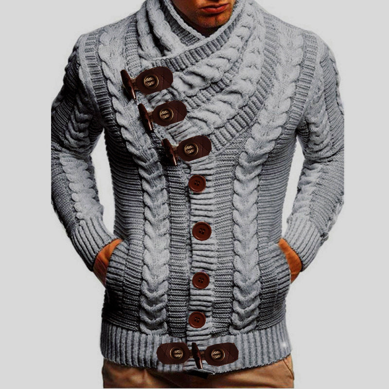 Herren Grobstrickjacke mit kreativem Schalkragen und Knopfdetails Drune