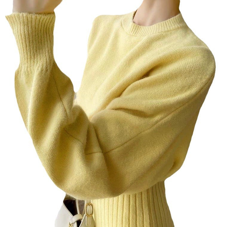 Damen elegante Strickkleid mit Ribstruktur und voluminösen Ärmeln Drune