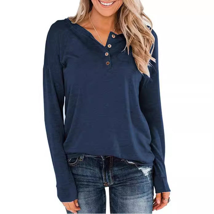 Damen modisches Langarm-Henley-Shirt mit Knopfleiste Drune