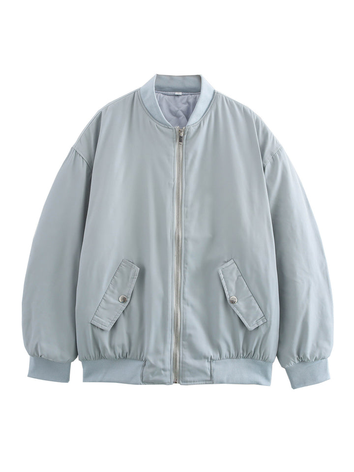 Damen nan oversized Bomberjacke mit Stehkragen, Reißverschluss und Druckknopf-Taschen Drune