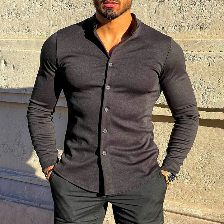 Herren Slim-Fit Langarmhemd mit Stehkragen und elastischem Jersey Drune
