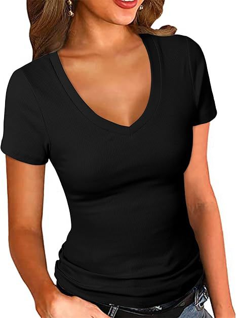 Damen V-Ausschnitt T-Shirt mit strukturierter Oberfläche Drune