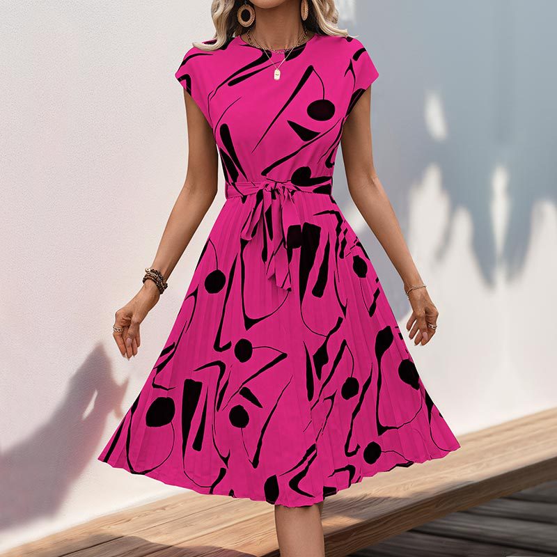 Damen plissiertes Maxikleid mit kunstvollem Muster und taillierbarem Bindegürtel Drune