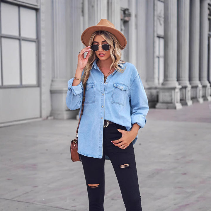 Damen Lässige Denim-Hemdbluse mit Brusttaschen Drune