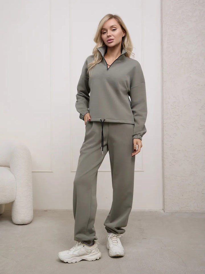 Damen weiches Lounge-Set mit halbem Reißverschluss, Kordelzughose und elastischen Bündchen Drune
