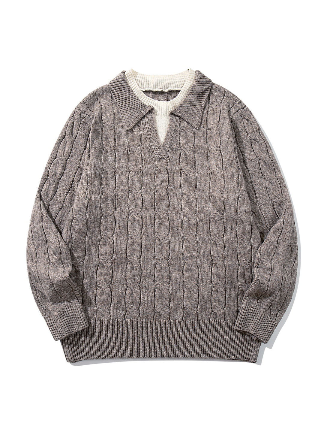 Unisex Strukturiertes Zopfstrick-Pullover mit Polokragen und tiefem V‑Ausschnitt Drune