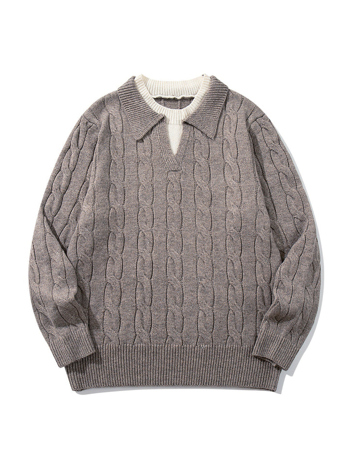 Unisex Strukturiertes Zopfstrick-Pullover mit Polokragen und tiefem V‑Ausschnitt Drune
