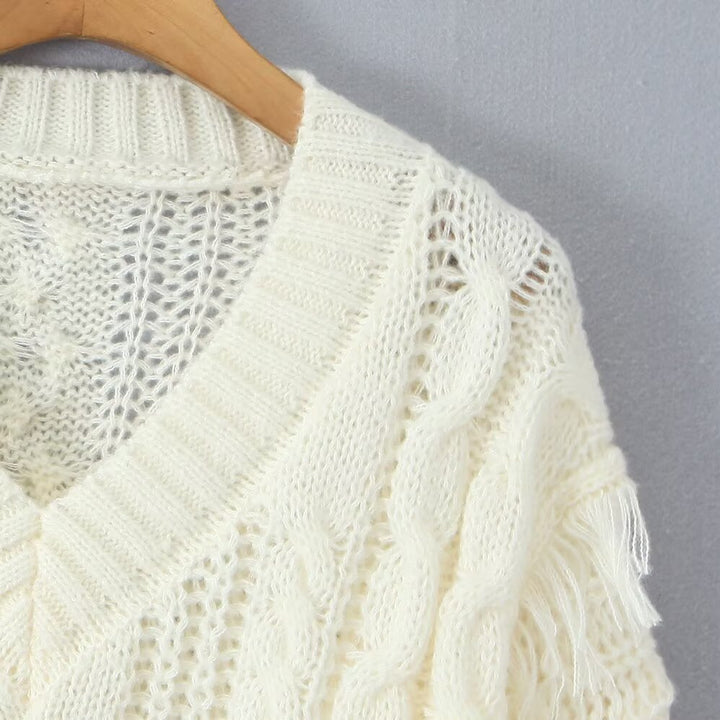 Damen Grobstrickpullover mit tiefem V-Ausschnitt und Fransen Drune