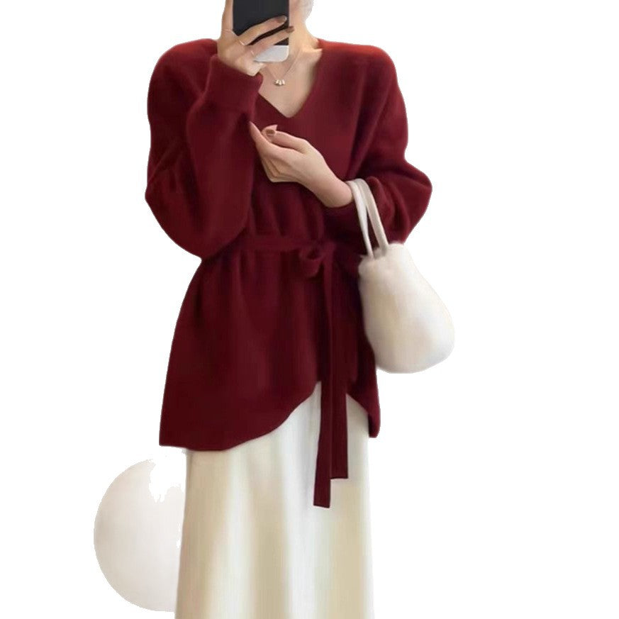 Damen Strickjacke mit Taillengürtel und V-Ausschnitt Drune
