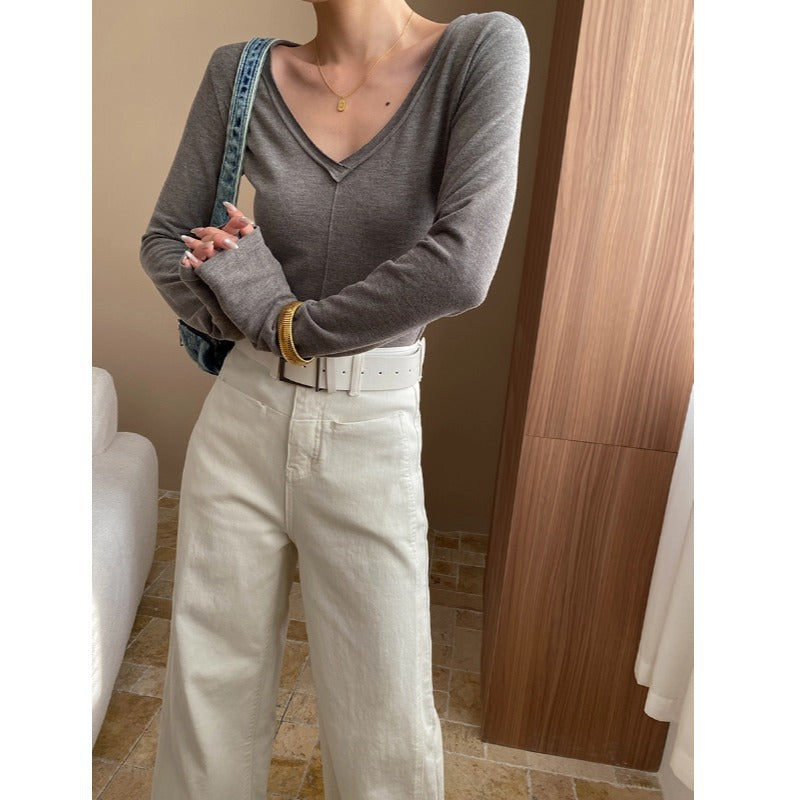 Damen elegantes Langarmshirt mit tiefem V-Ausschnitt und feiner Rippstruktur Drune