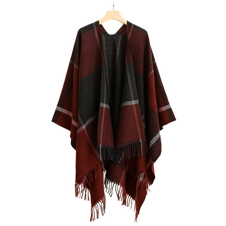 Damen Oversize-Capeponcho aus strukturierter Strickmischung mit V‑Ausschnitt, Karomuster und Fransen Drune