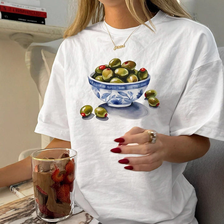 Damen T-Shirt mit kreativem Olivenmotiv Drune