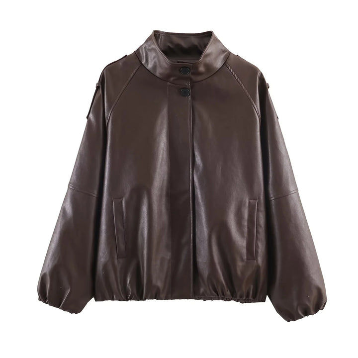 Damen nan oversized Kunstleder-Bomberjacke mit Stehkragen, elastischem Saum und verdeckter Druckknopfleiste Drune