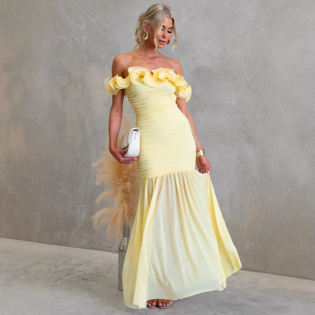 Damen Off-Shoulder Maxikleid mit voluminösen Rüschendetails und elegantem Taillenschnitt Drune