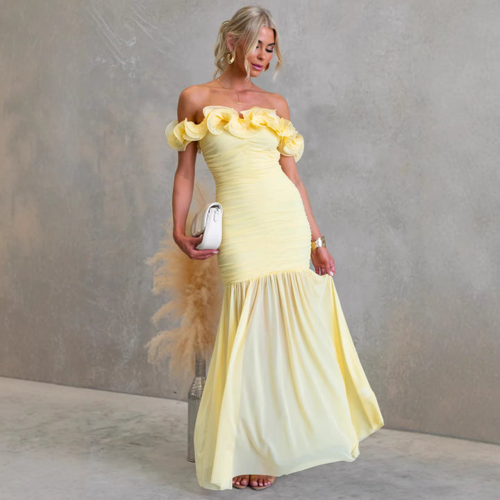 Damen Off-Shoulder Maxikleid mit voluminösen Rüschendetails und elegantem Taillenschnitt Drune