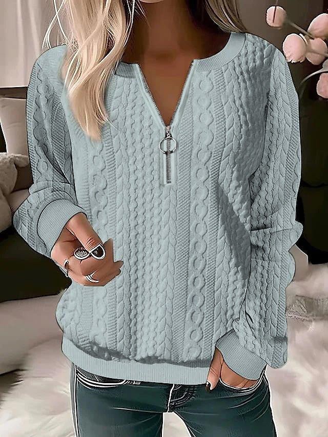 Damen Strickpullover mit Zopfmuster und halbem Reißverschluss Drune
