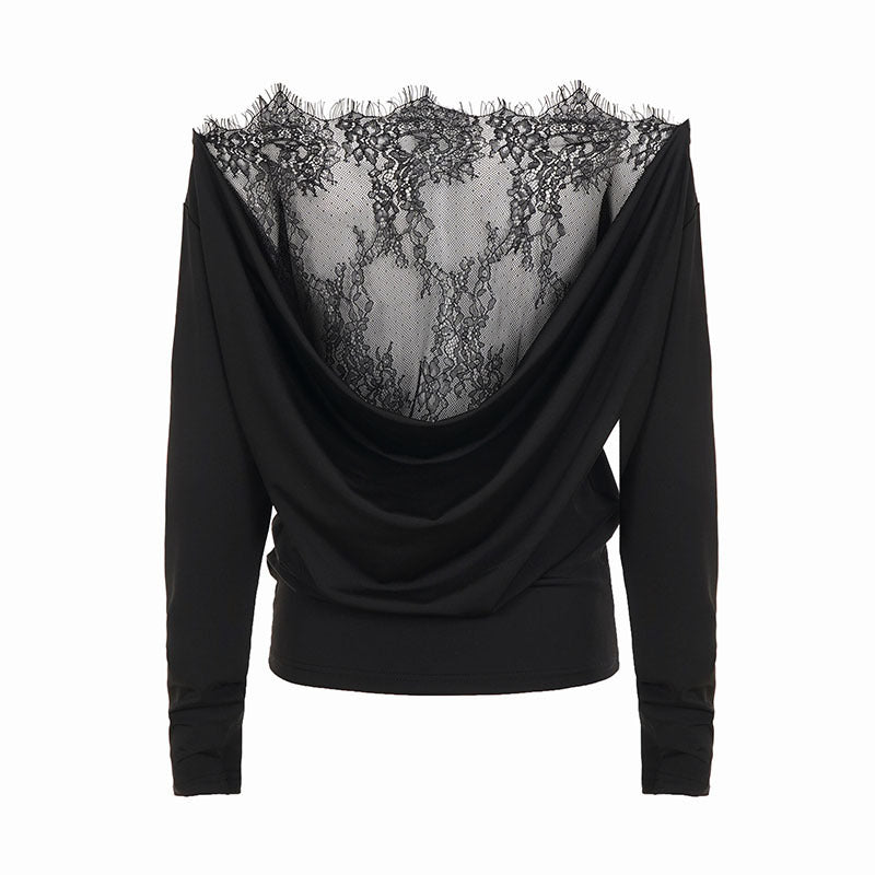Damen Drapiertes Langarm-Top mit tiefem Wasserfall-Rücken und feinem Spitzen-Backpanel Drune