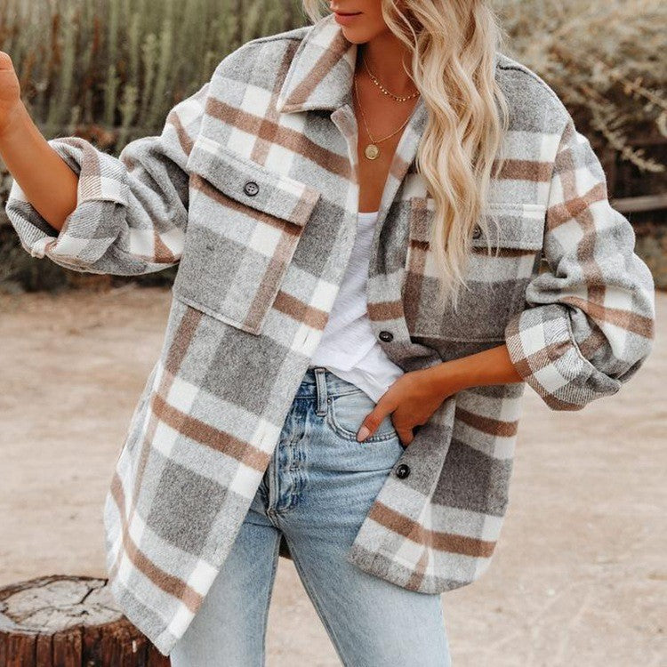 Damen karierte Flanelljacke mit lässigem Schnitt und aufgesetzten Taschen Drune