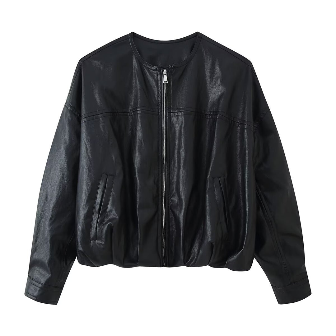 Damen Cropped Blouson in Glattlederoptik mit Rundhalsausschnitt und elastischem Saum Drune