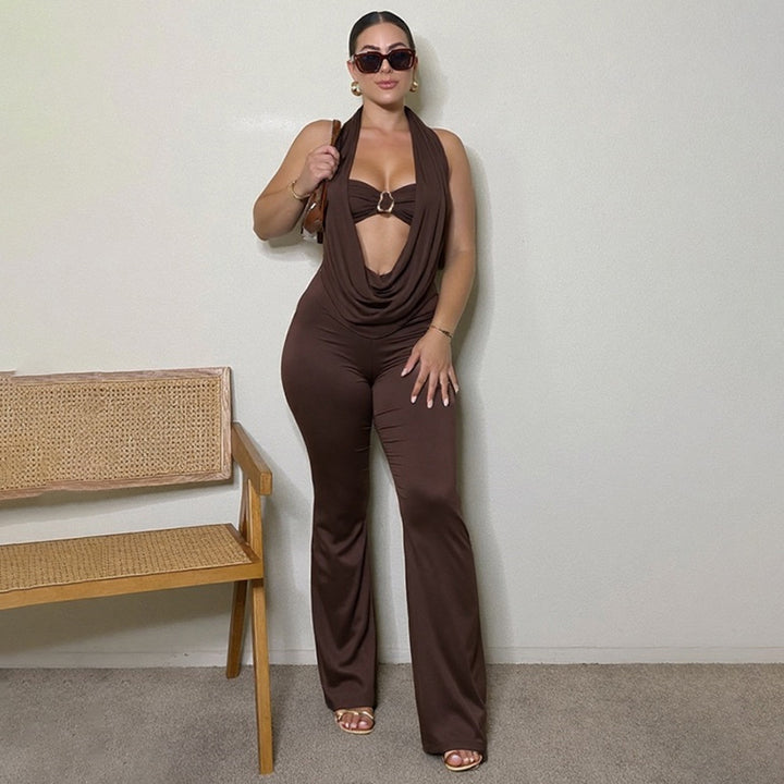 Damen Eleganter Jumpsuit mit anpassbarem Ausschnitt und schickem Gürtel Drune