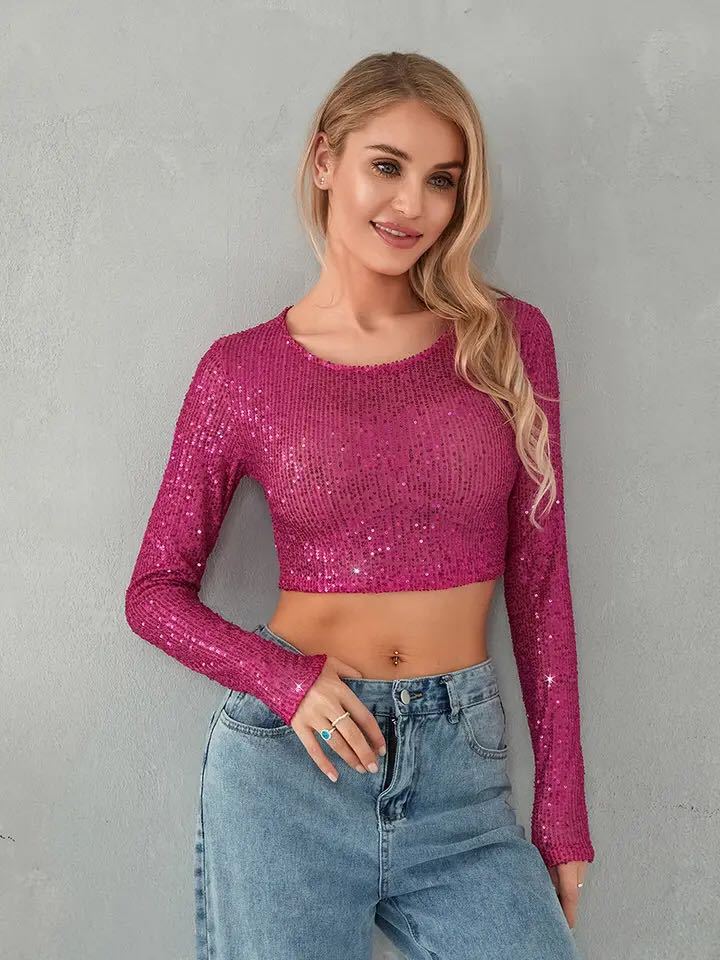 Damen Glitzerndes Langarm-Top mit funkelnden Pailletten Drune